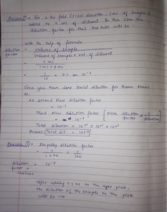 added to Q ml. Answer for a ten fold (1:10) dilution, Iml of sample 66 diluent. In this case the dilution factor for that tes