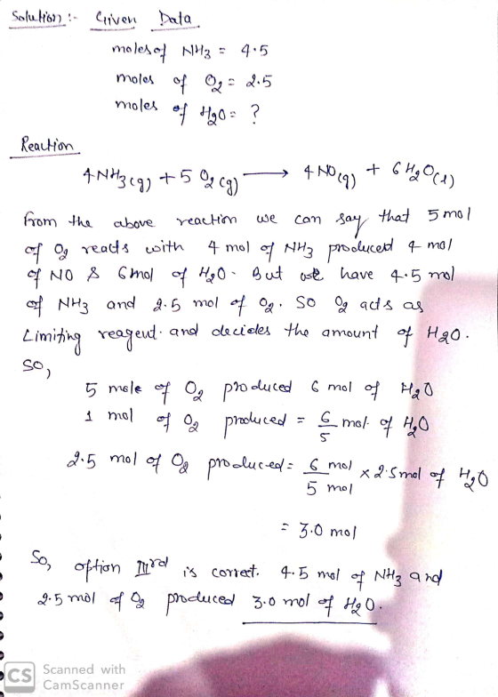 Solu. Hon) : Cuiven aa. moles of NH3 = 4.5 moles of 0g = 2.5 moles of H₂O = ? Reaction 4 Nitz egy +50,0g) - 4 Nocq) + 6 Hey O