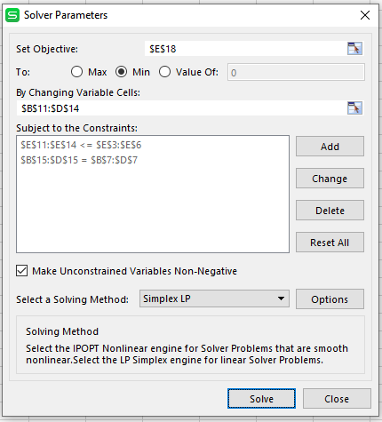 Solver Parameters X Set Objective: SE$18 To: Max Min Value Of: 0 By Changing Variable Cells: $B$11:$D$14 Subject to the Const