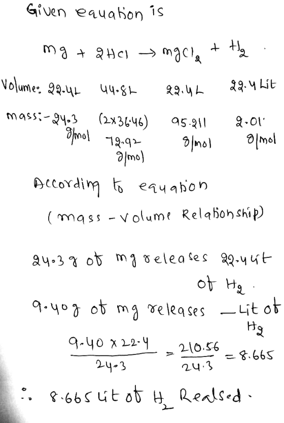 Given equation is mg + 2HCl ngcl ttg . Volume.. 99.44 44.84 23.44 27.4 Lit mass;-94.3 (2x34-46) 95-211 2.01 1 mol 12.92 g/mol