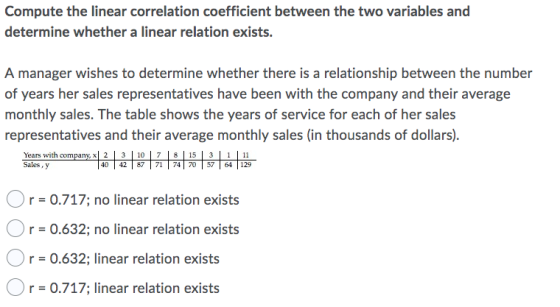 Compute the linear correlation coefficient between the two variables and determine whether a linear relation exists. A manage