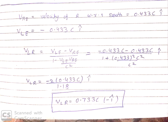 Î URE = velocity of R wirot Earth = 0.433C Ve= -0.433 c î î VER = --- VLEURE VzeURE__- -0.433(-0.433C 1 A10-433)?c?__ (2 VER