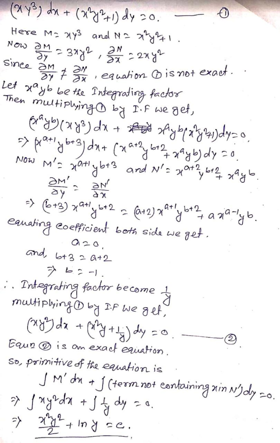 о (ху°) аят (х+1) у 20. Here Many3 and Na22y771 Now 2 - 373° 21 -21 since am ду + Әу Әх I equation is not exact. ut 2 + nay b