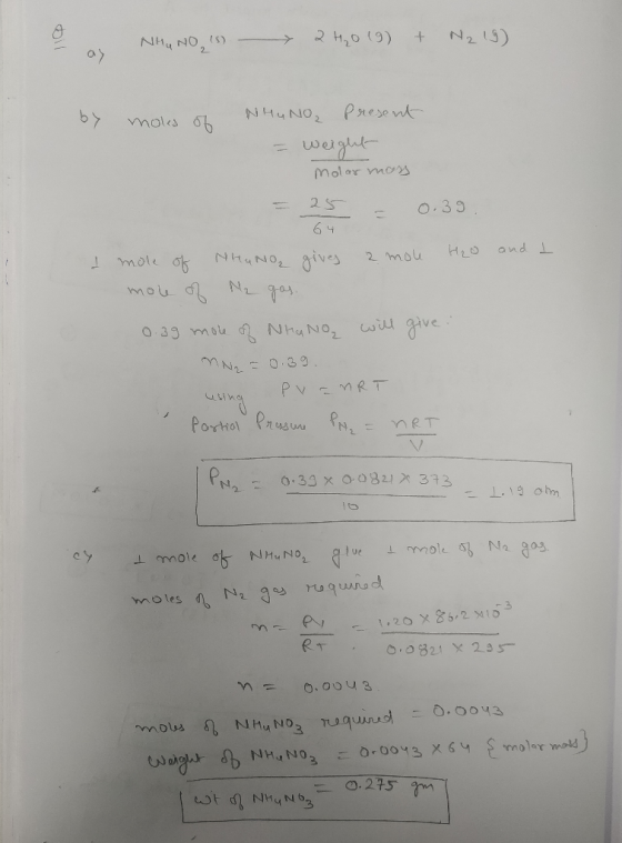- a NHO NO 15) - 2 H₂O (9) + N219) by moles of NHU NO, Present = weight Molar mass - 25 – 0.39 64 I mole of NHINO gives 2 mol