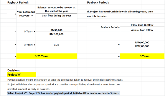 Payback Period: Payback Period: Year before full recovery + Balance amount to be recover at the start of the year Cash flow d
