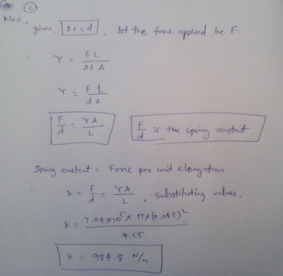 Noo det the fone applied be F FL Y - DI A FL d A YA is the spring costt L unit elomstion Fore pers Spiay constent f YA values