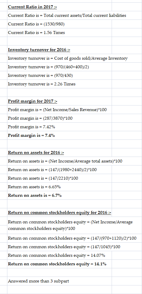 Current Ratio in 2017 :: Current Ratio is = Total current assets/Total current liabilities Current Ratio is = (1530/980) Curr