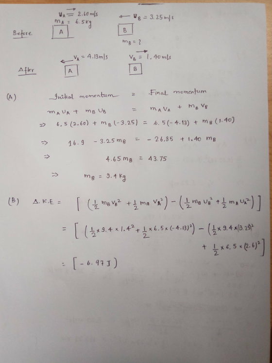 5 3 Betore Afler CA) Jnitial momentumFinal momentum 6.5(2.6) m -3.25) . 5(-4.13) m (1.40) つ 16.g-3.25mg-.-26.35 tl.40mB 4.65