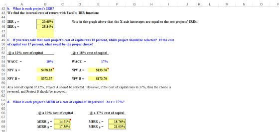 C к L A В Е G Н J M O 42 b. What is each projects IRR? 43 We find the internal rate of return with Excels IRR function: 44