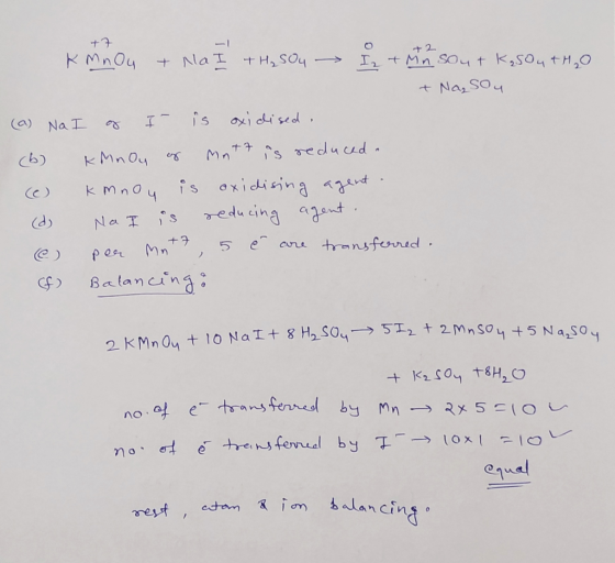 +7 2 I Mn so4t k2so4tH20 KMnO4 +NaI t H2 SO4 Nar SO is oxidised a) NaI s reducd KMnOy C) kMno4 is oxidisina Na I is edu cing