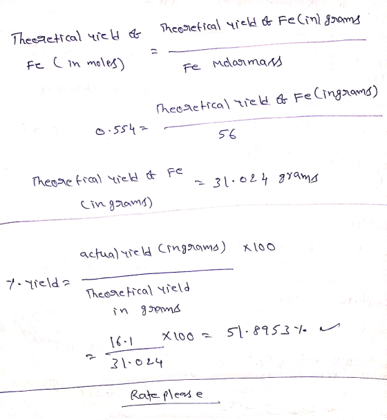 Theorefical 4ield o& Felinl grams Theegetical yicd of Fe Cin moles) Fe Mdlarmars heogetical tield Of Fe Cingramo) 0.554= 56 T