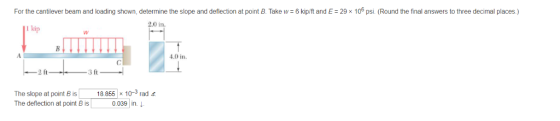 106 psi For the cantilever beam and load ng shown, determine the slope and deflection at pont Take w = 6 k ft and E= 29 Round