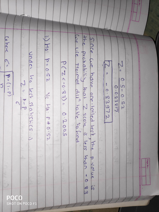 Page No 0、0 23 &17 Since cue have ane toiled test the p volue is the prchabili hal Z scorsis less than