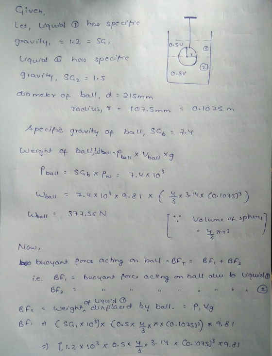 Given, Let, liquid 6 has specific gravity, = 1,2 = SG, loisu liquid @ has specific O.SV gravity, SG₂ = 1.5 diamety of ball, d