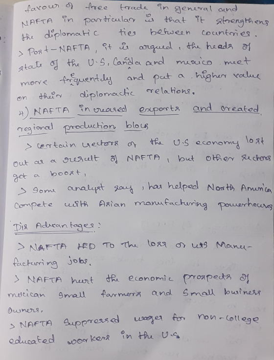 favour of free trade in general and NAFTA in particulan us that it strengthens the diplomatic tice between countries. Post- N
