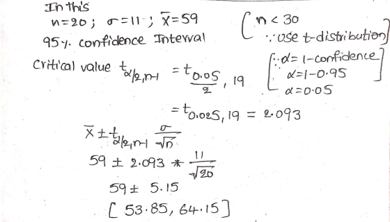 Critical value teleint = 0.05, 19. Li In this n=20; a=11; X=59 ln<30 954, confidence Intervall. C o se t-distribution 1:0=1-c