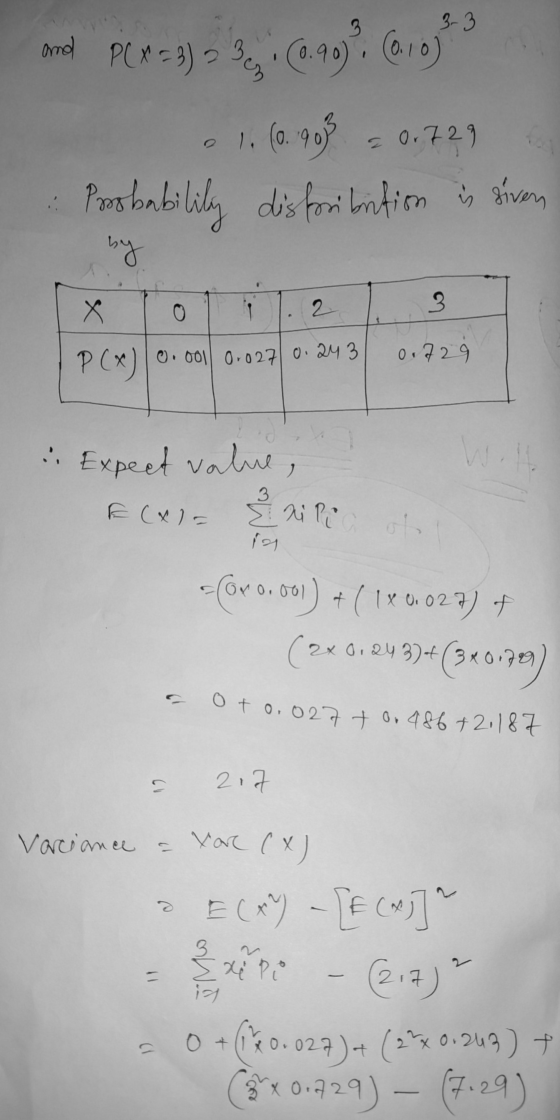 3-3 and PCM = 3) = 3 (0.90 (aroje as 1. (0.90 0.729 Probability disforibrition is siven by X 2 3. o 0.729 P(x) 0.001 0.027 0.