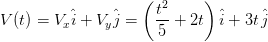 V(t) = V_{x} hat{i} + V_{y} hat{j} = left ( rac{t^{2}}{5} + 2t ight ) hat{i} + 3t , hat{j}