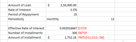 Amount of Loan Rate of Interest Period of Repayment Periodicity 3,50,000.00 3.5% 25 monthly 12 Effective Rate of Interest Num