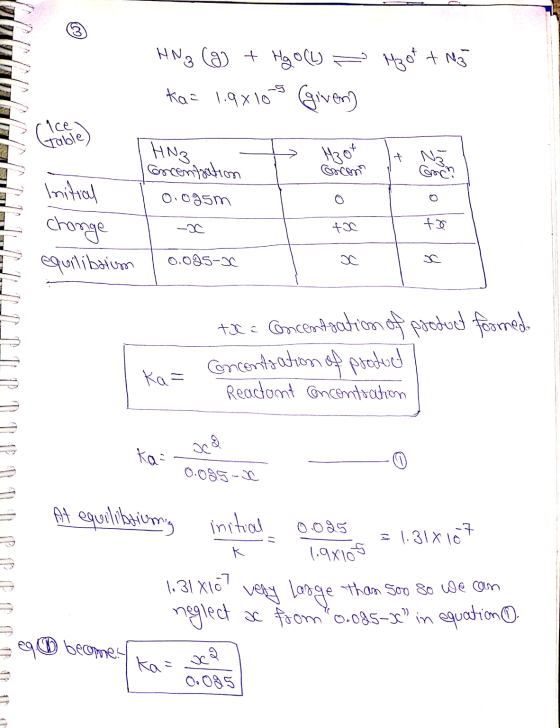 HN 3 (g) + Hgo (w - Mootto ka= 1.9x10s (given) table) MITTITTI 3 Hoof It Nă | HNo. concentration 0.0gsm concom al Coorn Initi