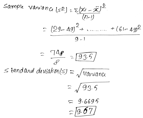 Sample variance (52) = Ebci - 2232 (Me1) 2 +161-4932 = (29- 49) + g-1 (l 948 193.5 8 standard deviation is) = variance =793.5