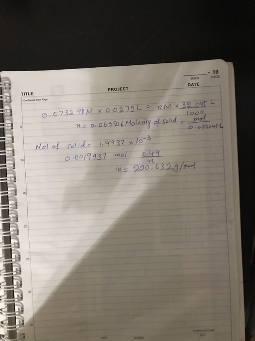 19 PAGE BOOK TITLE PROJECT DATE 03204r Nol of solid 1.9937 xlo 0019431 mol . rt 200. 632g/met
