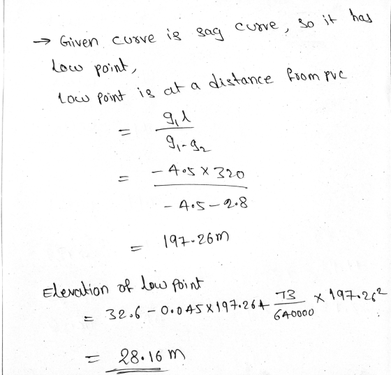 Low point is at a → Given curve is gag curve, so it has Low point, gil 9,-92 . Ao5X320 = 405-9.8 197.26m Elevation of low poi
