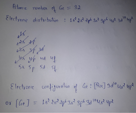 Atomic number of Ge = 32 Electronic distribution : 18 28 apo 303 306 48 3d up its 26 gp Bs 3p 30 yo up ud uf 51 5 50 of Elect