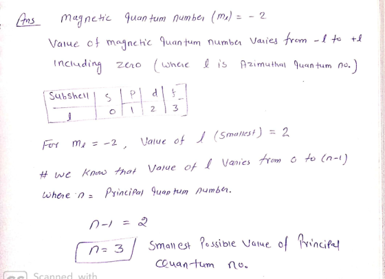- Ans magnetic quantum number (me) = -2 Value of magnetic quantum number varies from -l to te including zero (where l is Azim