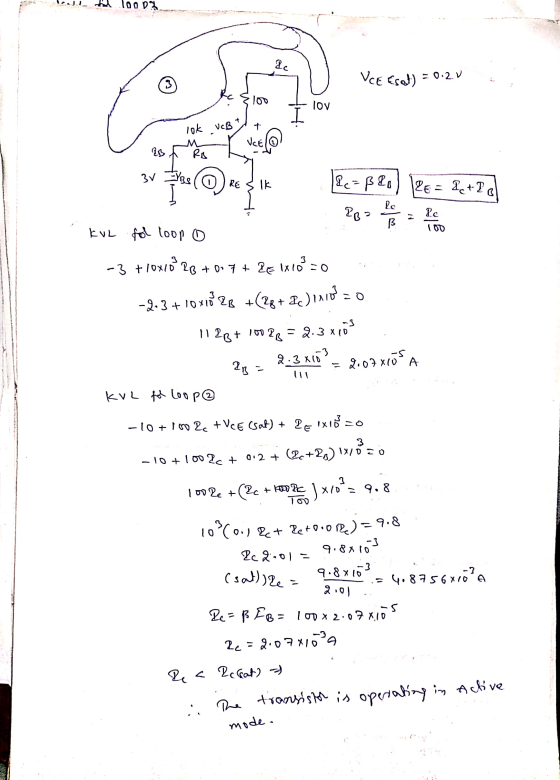 pa boleh loop VCE Esat) = 0.2 V . ③ Rc ? Je 100 flor lov lok ucht 100 Es Me 3v 7 / ① RESIK &c= 8 &0) 126 = 8 + 2 dl . kvL for