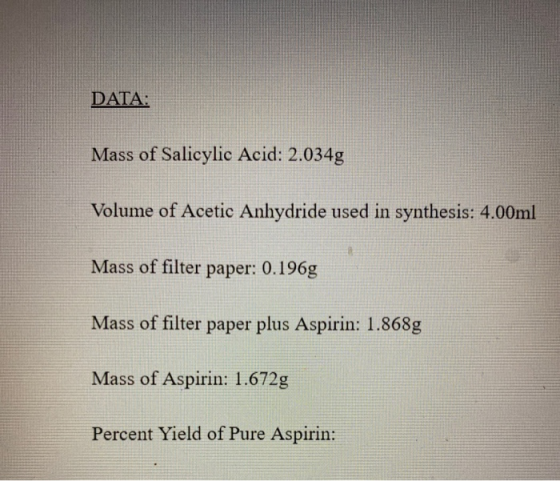 DATA: Mass of Salicylic Acid: 2.034g Volume of Acetic Anhydride used in synthesis: 4.00ml Mass of filter paper: 0.196g Mass o