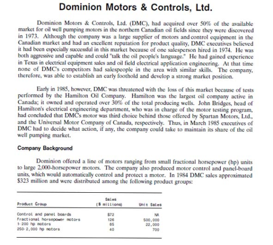 Dominion Motors & Controls, Ltd. Dominion Motors & Controls, Ltd. (DMC), had acquired over 50% of the available market for oil well pumping motors in the northern Canadian oil fields since they were discovered in 1973. Although the company was a large supplier of motors and control equipment in the Canadian market and had an excellent reputation for product quality, DMC executives believed it had been especially successful in this market because of one salesperson hired in 1974. He was both aggressive and capable and could talk the oil peoples language. He had gained experience in Texas in electrical equipment sales and oil field electrical application engineering. At that time none of DMCs competitors had salespeople in the area with similar skills. The company therefore, was able to establish an early foothold and develop a strong market position. Early in 1985, however, DMC was threatened with the loss of this market because of tests performed by the Hamilton Oil Company. Hamilton was the largest oil company active in Canada; it owned and operated over 30% of the total producing wells. John Bridges, head of Hamiltons electrical engineering department, who was in charge of the motor testing program, had concluded that DMCs motor was third choice behind those offered by Spartan Motors, Ltd., and the Universal Motor Company of Canada, respectively. Thus, in March 1985 executives of DMC had to decide what action, if any, the company could take to maintain its share of the oil well pumping market. Company Background Dominion offered a line of motors ranging from small fractional horsepower (hp) units to large 2,000-horsepower motors. The company also produced motor control and panel-board units, which would automatically control and protect a motor. In 1984 DMC sales approximated 5323 million and were distributed among the following product groups: Sales ($ millions) Product Group Unit Sales Control and panet boards Fractional horsepowor notors 1- 200 hp motors 250-2,000 hp notors $72 126 85 40 500,000 22,000 700