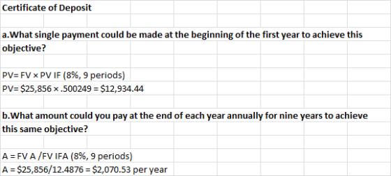 Certificate of Deposit a.What single payment could be made at the beginning of the first year to achieve this objective? PV: