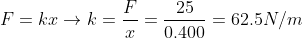 F = kx \rightarrow k = \frac{F}{x} = \frac{25}{0.400} = 62.5 N/m