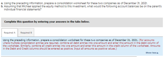 a. Using the preceding Information, prepare a consolidation worksheet for these two companies as of December 31, 2021. b. Ass
