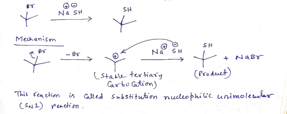 Na SH * Na SH B7 Mechanison SH - Br 0 Na SH t + NaBr (Stable tertiary . (Product Carbocation) This reaction is called substit