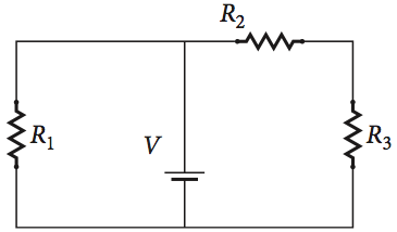 A battery with V = 2.51 V is connected to three re