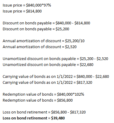 Issue price = $840,000*97% Issue price = $814,800 Discount on bonds payable = $840,000 - $814,800 Discount on bonds payable =