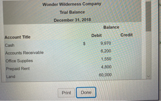 Wonder Wilderness Company Trial Balance December 31, 2018 Balance Credit Debit Account Title 9,970 2$ Cash 6,200 Accounts Rec