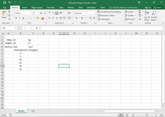 日勺 Calculate Energy In Joules - Excel File Home Insert Page Layout FormulasData Review View Developer Team Tell me what you w