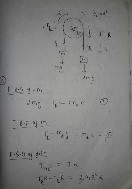 a I = 3,2 m R² 3 m R La Imq mg I - Img FB. D og am ang - TR = 2m 9 - F. B.D of m To mag = m 9 - F-B.D of disc Tnet - IL TR-TR