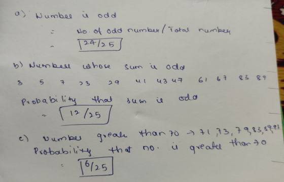 a) Numbel i odd i No. of odd number / Total number - 124/25 b) Numbell whose sum ů oda 3 5 7 23 29 ul 43 u7 61 67 83 89 Proba