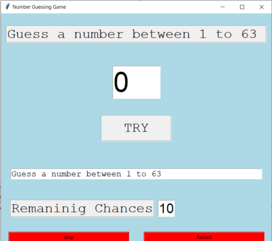 Number Guessing Game Х Guess a number between 1 to 63 O TRY Guess a number between 1 to 63 Remaninig Chances 10 stop Restart