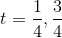 t = \frac{1}{4} , \frac{3}{4}
