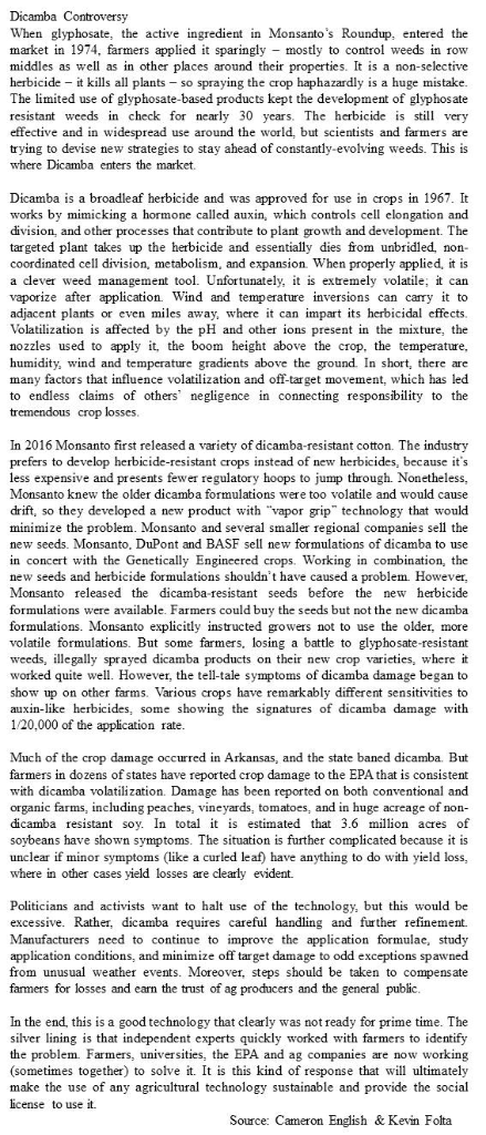 Dicamba Controversy When glyphosate, the active ingredient in Monsantos Roundup, entered the market in 1974, farmers applied