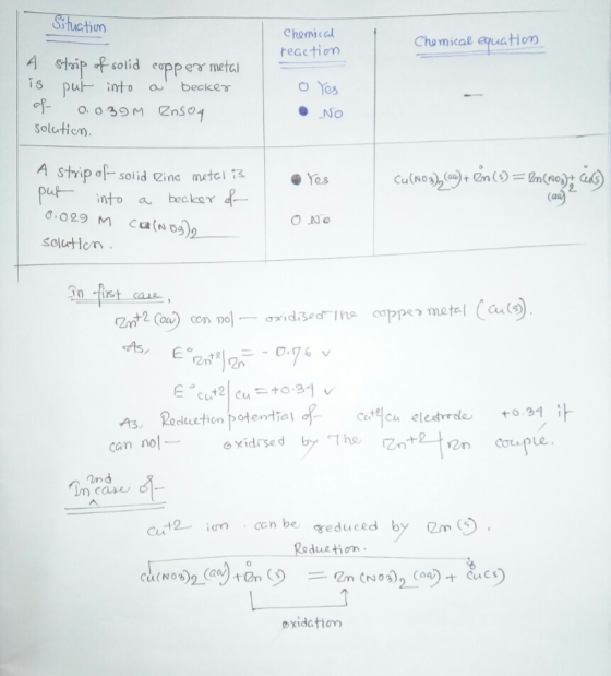 Sthuction Chemical Chemical quation reaetion A Strip f solid is pul into cpperr metal OYes becker O. O39M 2ns04 solution NO A