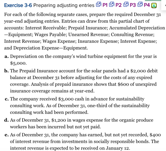 Exercise 3-6 Preparing adjusting entries QP1 P2 P3 P4 @ For each of the following separate cases, prepare the required Decemb