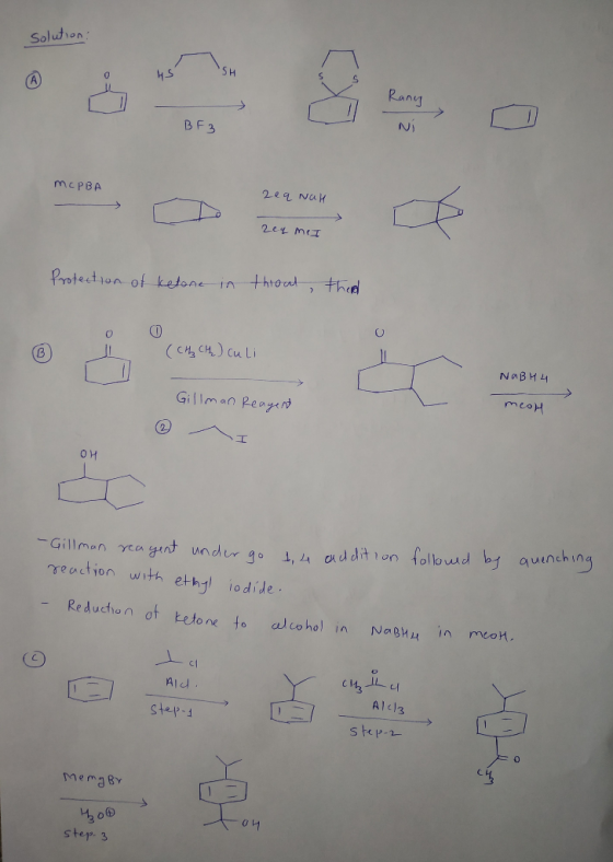 Solution SH Rany NI BF3 2e9 NaH mcPBA 2ep m IA throat, thd Protection of ketone (Cz CH Cu Li N BH4 B mcoH Gillman Reaged OH g