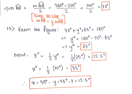 MAB 2 140 2 2709 2 Since ODLAB m AD lym AD 2 360°-220° 2. [since 1/2mAB 12> from the figure: 70°+yº+85°= 180° 8° = 180° - 10°