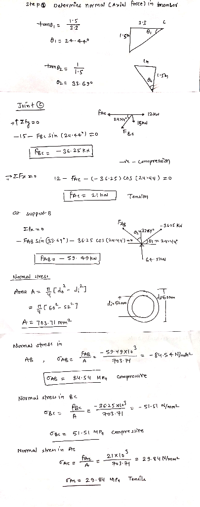 Step Determine normal Caxial force) in bnember tome, som di = 24.44 tandz= its the 33.699 12kN 2491 * 15kn Joint + Efyzo -15-